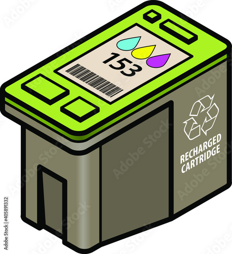 A large-capacity recharged/recycled inkjet printer cartridge with cyan, yellow, magenta colour ink.