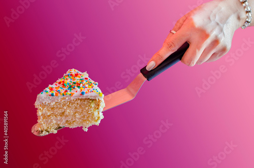 Piece of cake on a spatula on a pink background