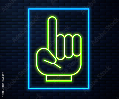 Glowing neon line Number 1 one fan hand glove with finger raised icon isolated on brick wall background. Symbol of team support in competitions. Vector Illustration.