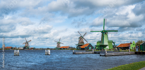 Dutch windmills along the Zaan river in Zaase Schans, Netherlands