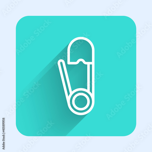 White line Classic closed steel safety pin icon isolated with long shadow. Green square button. Vector Illustration.