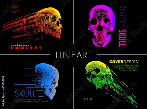 Art concept set of a skull. Vector drawn by color lines. Cover design. Creative line-art.