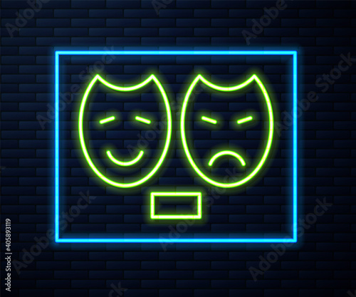 Glowing neon line Comedy and tragedy theatrical masks icon isolated on brick wall background. Vector.