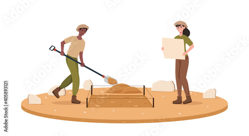 Male and female archaeologists digging out historical discovery with shovel. Excited girl standing next to excavation place with map. Paleontological research. Flat cartoon vector illustration