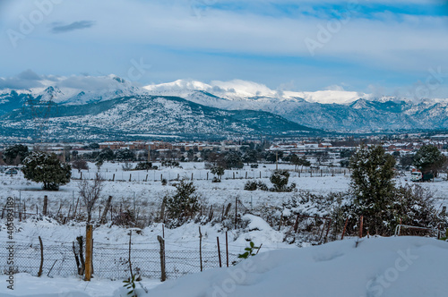 Snowy landscape after the storm Filomena, Galapagar, Madrid, Spain.