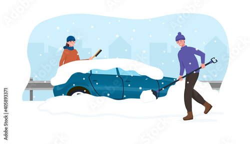 Male and female characters cleaning car from snow. Man and woman cleaning snow with shovel and brush. Flat cartoon vector illustration