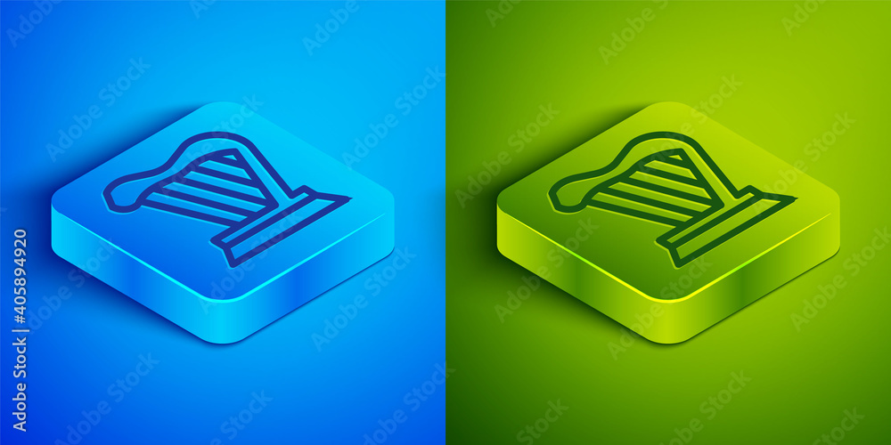 Isometric line Harp icon isolated on blue and green background. Classical music instrument, orhestra string acoustic element. Square button. Vector. Isometric line Harp icon isolated on blue and green background. Classical music instrument, orhestra string acoustic element. Square button. Vector.