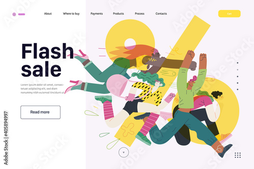 Discounts, sale, promotion, web template - modern flat vector concept illustration of people crowd running in the pursuit of the discounts, with a big percent sign on the background. Flash sale