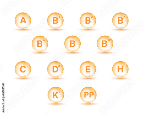 Different vitamin icons. Transparent vitamine bubbles collection. Elements for design