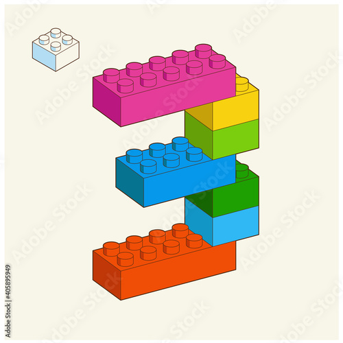 Number 3 from Plastic building blocks. Colored bricks isolated on white background. Vector 3d illustration.