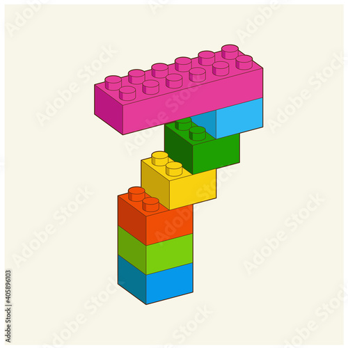 Number 7 from Plastic building blocks. Colored  Bricks bricks isolated on white background. Vector 3d illustration.