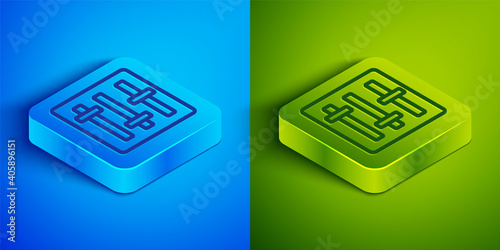 Isometric line Sound mixer controller icon isolated on blue and green background. Dj equipment slider buttons. Mixing console. Square button. Vector.