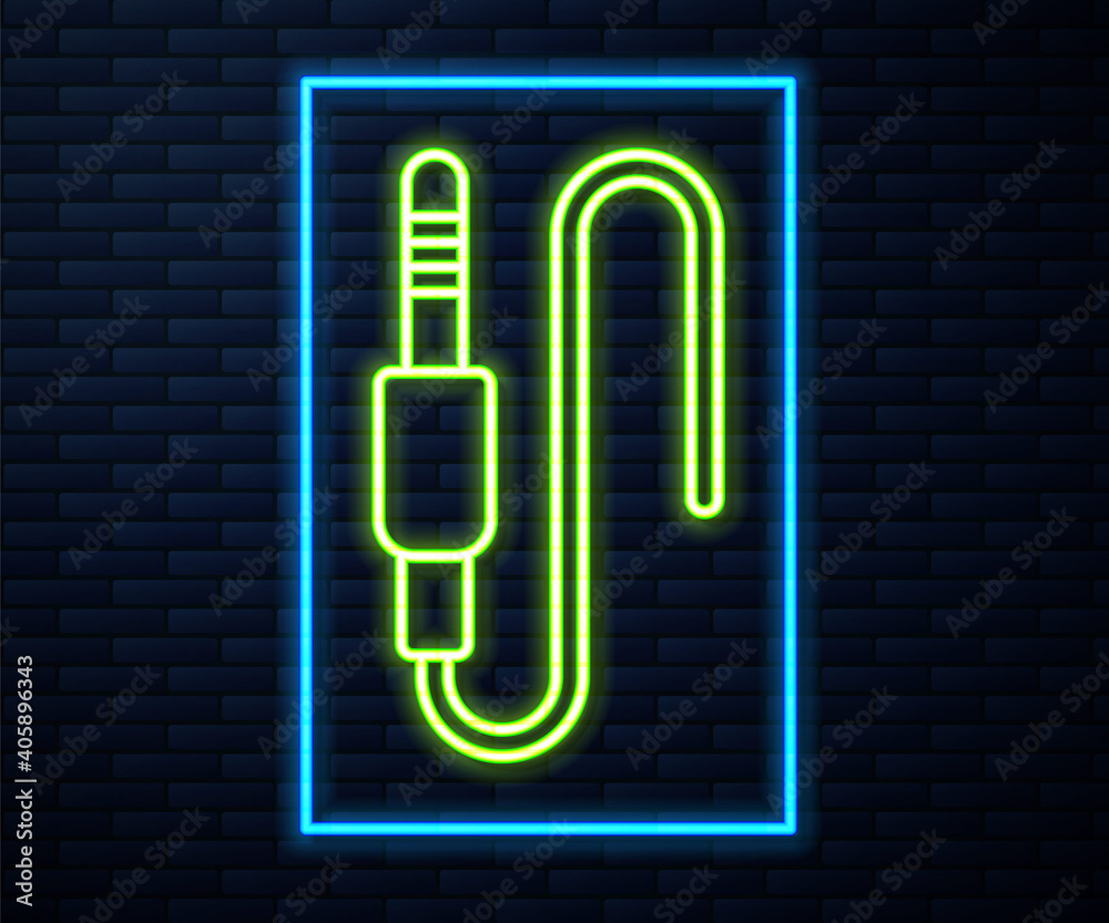 Glowing neon line Audio jack icon isolated on brick wall background. Audio cable for connection sound equipment. Plug wire. Musical instrument. Vector. Glowing neon line Audio jack icon isolated on brick wall background. Audio cable for connection sound equipment. Plug wire. Musical instrument. Vector.