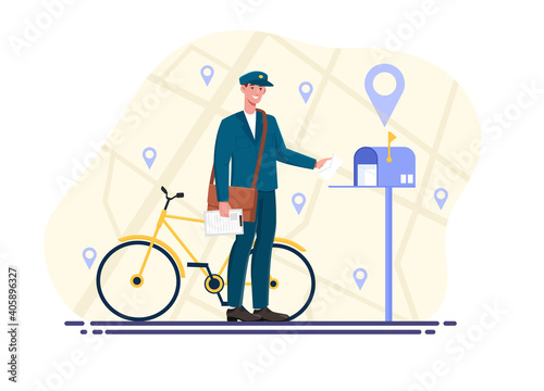 Male postman is delivering mail. Mailman in blue uniform and bicycle delivering letters in mailbox. Concept of express delivery in postbox and logistic service. Flat cartoon vector illustration