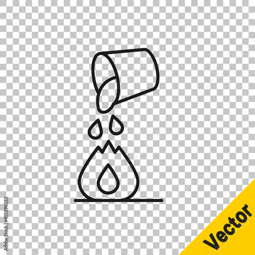 Black line Water bucket extinguishing a fire icon isolated on transparent background. Vector.