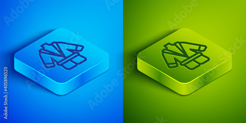 Isometric line Bathrobe icon isolated on blue and green background. Square button. Vector.