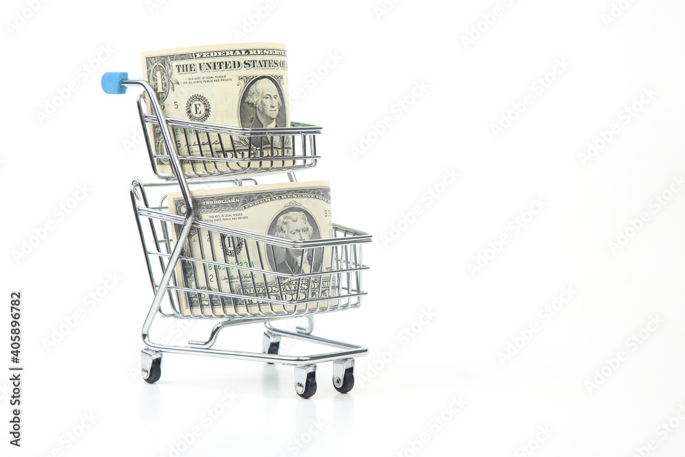 dollars in a supermarket basket. buying food and goods. business for sale. saving purchases dollars in a supermarket basket. buying food and goods. business for sale. saving purchases