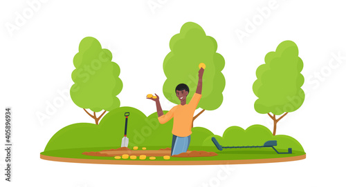 Happy male treasure hunter found gold coins in the ground. Excited man is standing in the pit and raising hands full of gold coins. Flat cartoon vector illustration