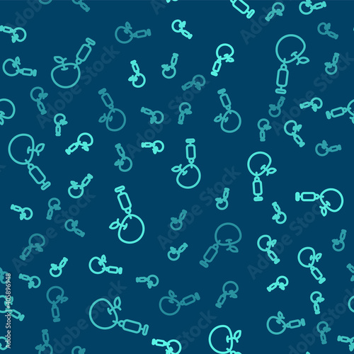 Green line Genetically modified apple icon isolated seamless pattern on blue background. GMO fruit. Syringe being injected to apple. Vector.