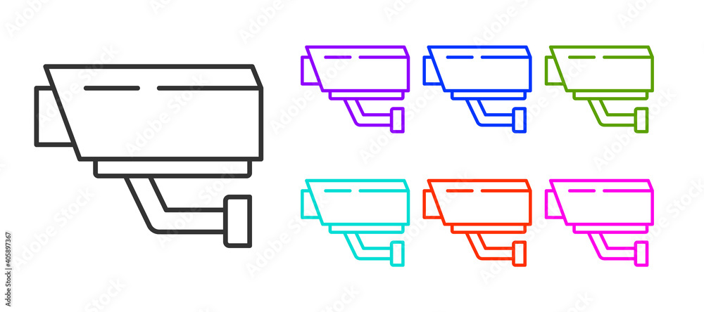 Black line Security camera icon isolated on white background. Set icons colorful. Vector. Black line Security camera icon isolated on white background. Set icons colorful. Vector.