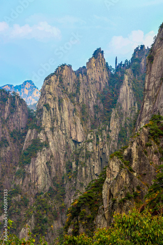 Scenic and panoramic view of Mount Huangshan cliffs and forest of Masson pine with various colours typical of the autumn season, Anhui, China Yellow mountain