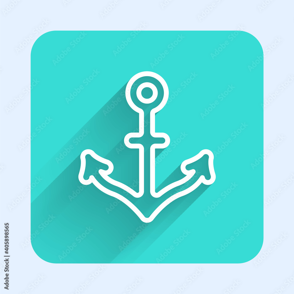 White line Anchor icon isolated with long shadow. Green square button. Vector. White line Anchor icon isolated with long shadow. Green square button. Vector.