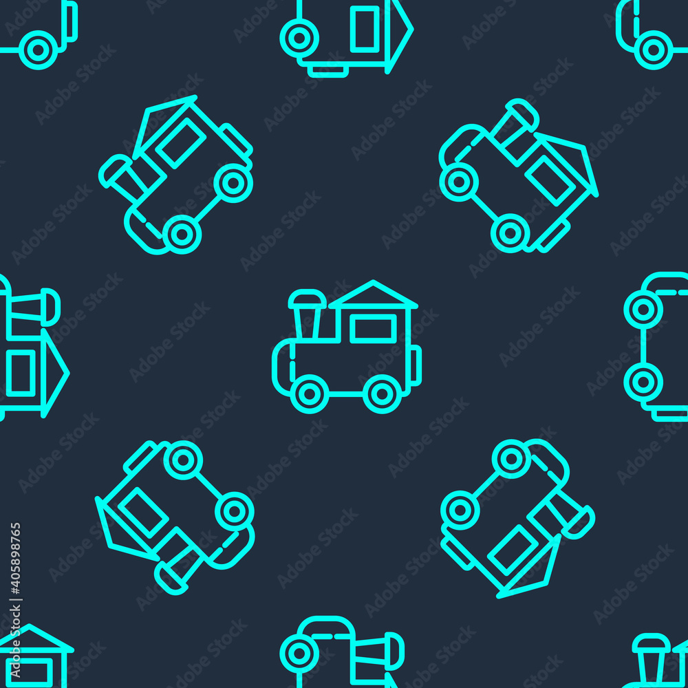 Green line Toy train icon isolated seamless pattern on blue background. Vector. Green line Toy train icon isolated seamless pattern on blue background. Vector.