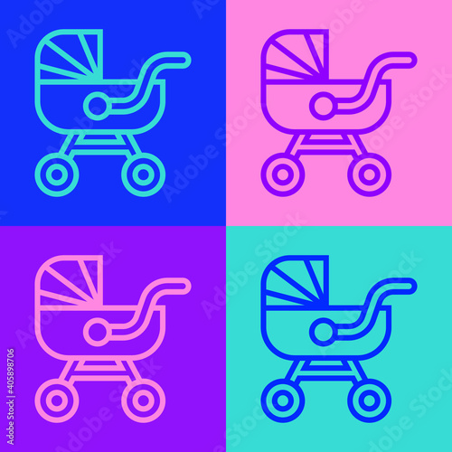 Pop art line Baby stroller icon isolated on color background. Baby carriage, buggy, pram, stroller, wheel. Vector.