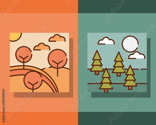 landscapes autumnal spring nature cartoon, filled line flat