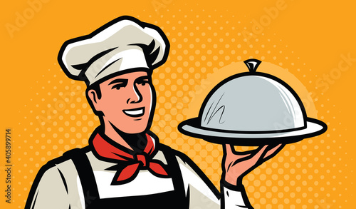 Cook, chef with tray in retro pop art style. Restaurant, food service concept
