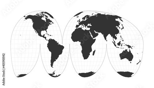 Map of the World. Goode's interrupted Mollweide projection. Globe with latitude and longitude net. World map on meridians and parallels background. Vector illustration.