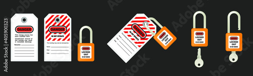 Lock out, tag out with a danger tag vector illustration. Danger and do not operate warning. Machine and electrical system and safety equipment. Isolated on black background.