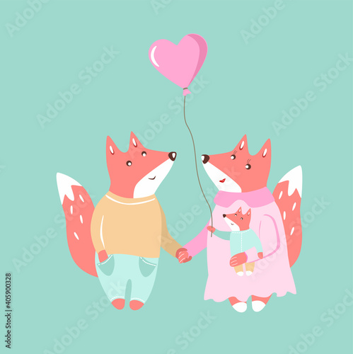Cute cartoon foxes family Mother father baby with balloon heart Valentines Day illustration