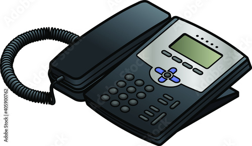 A voice-over-IP desktop phone with a small LCD screen.