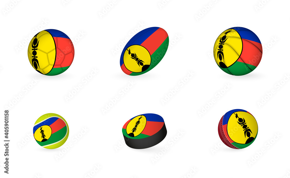 Sports equipment with flag of New Caledonia. Sports icon set.