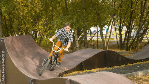 Biker riding on the pump track
