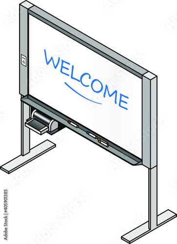 An electronic whiteboard with a printer and colorful markers. Welcome is written on the board.