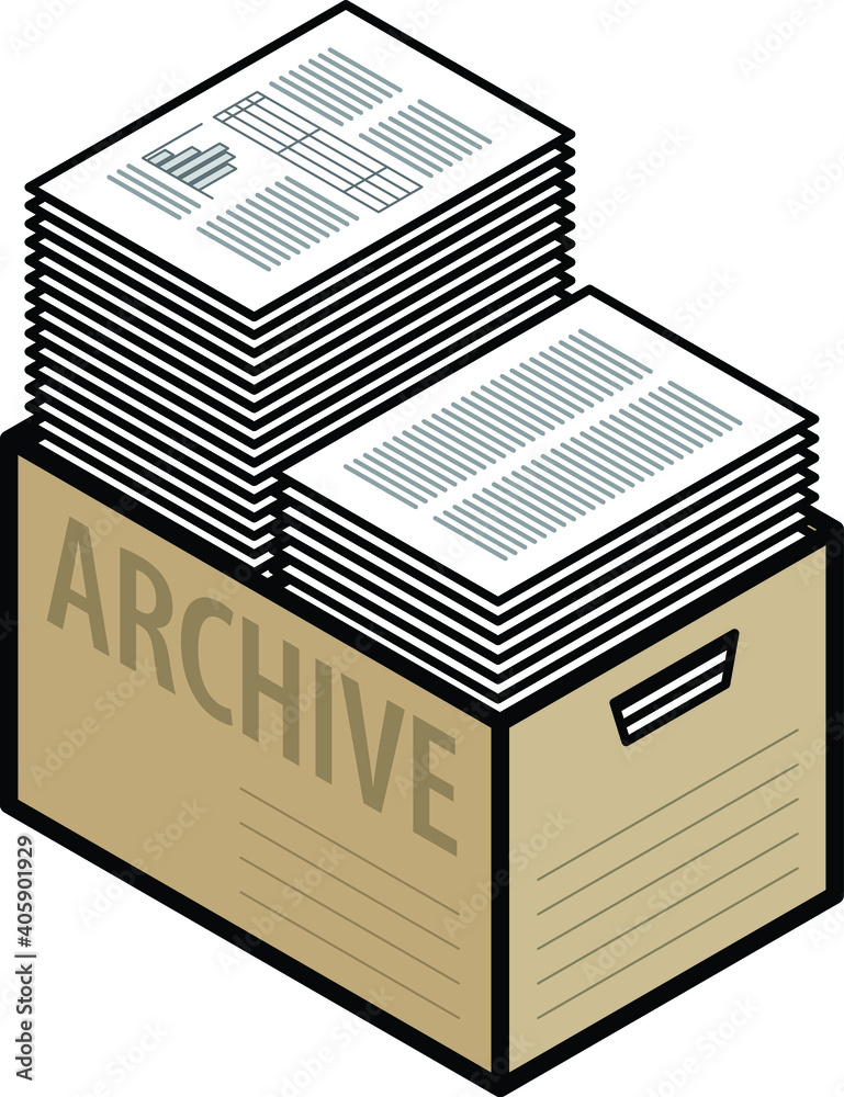 A plain cardboard archive box with two tall stacks of paper. - obrazy, fototapety, plakaty 