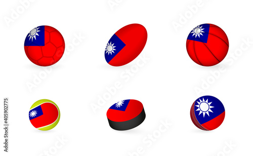 Sports equipment with flag of Taiwan. Sports icon set.