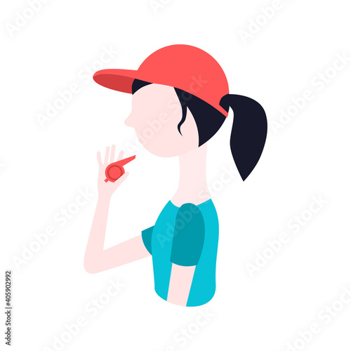 trainer woman with whistle. flat isolated