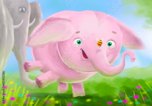 Laughing pink baby elephant being amused by a bumble bee as an adult looks back disdainfully children’s illustration.