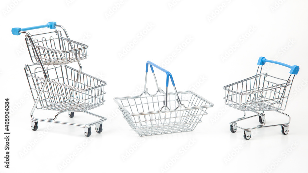 cart and basket for shopping market groceries on white background