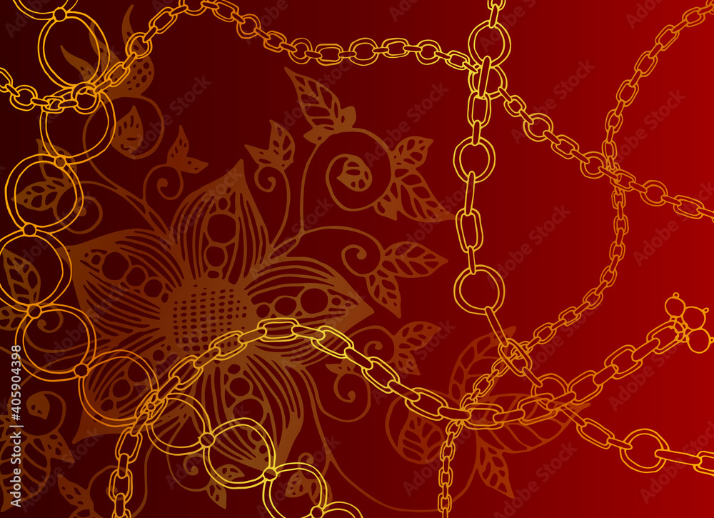 Hand drawn gold gradient colored chain pattern on red background with golden flower. Copy space vector illustration Hand drawn gold gradient colored chain pattern on red background with golden flower. Copy space vector illustration