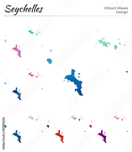 Set of vector maps of Seychelles. Vibrant waves design. Bright map of island in geometric smooth curves style. Multicolored Seychelles map for your design. Appealing vector illustration.