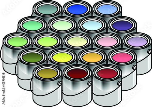 A collection of colourful paint in metal tins.