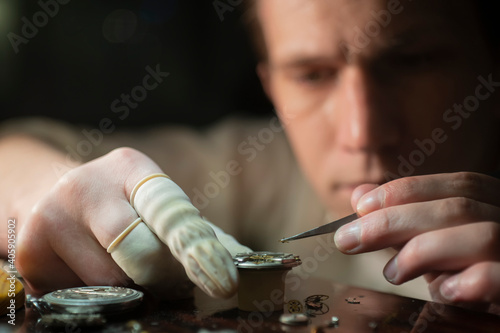 Mechanical watch repair process, close up