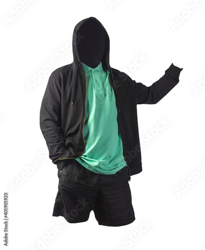 sweatshirt with iron zipper hoodie, shirt and sports shorts isolated on white background. casual sportswear photo