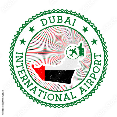 Dubai International Airport stamp. Airport logo vector illustration. Dubai aeroport with country flag.