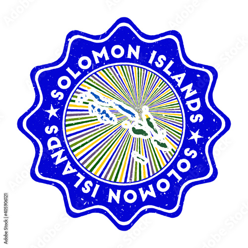 Solomon Islands round grunge stamp with country map and country flag. Vintage badge with circular text and stars, vector illustration.