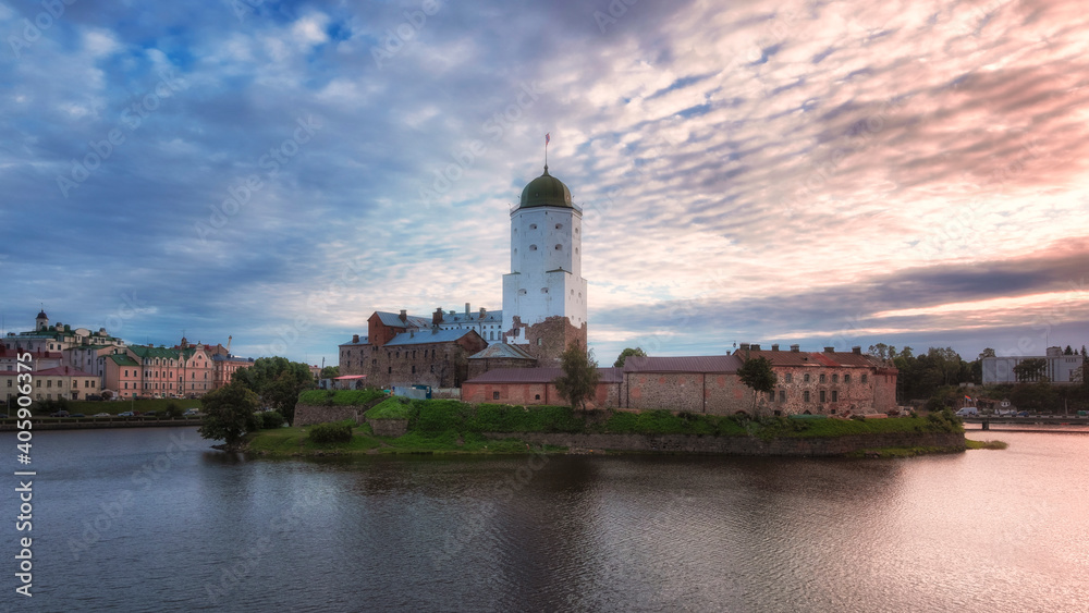 Ancient stone castle on the Island in Vyborg at sunset